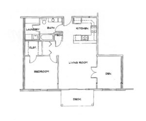 Sunset Floorplan: 1 bedroom with den 853 sq ft