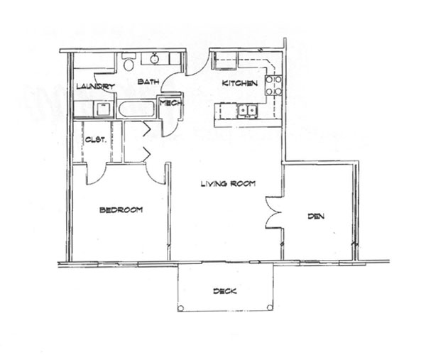 Sunset Floorplan: 1 bedroom with den 853 sq ft